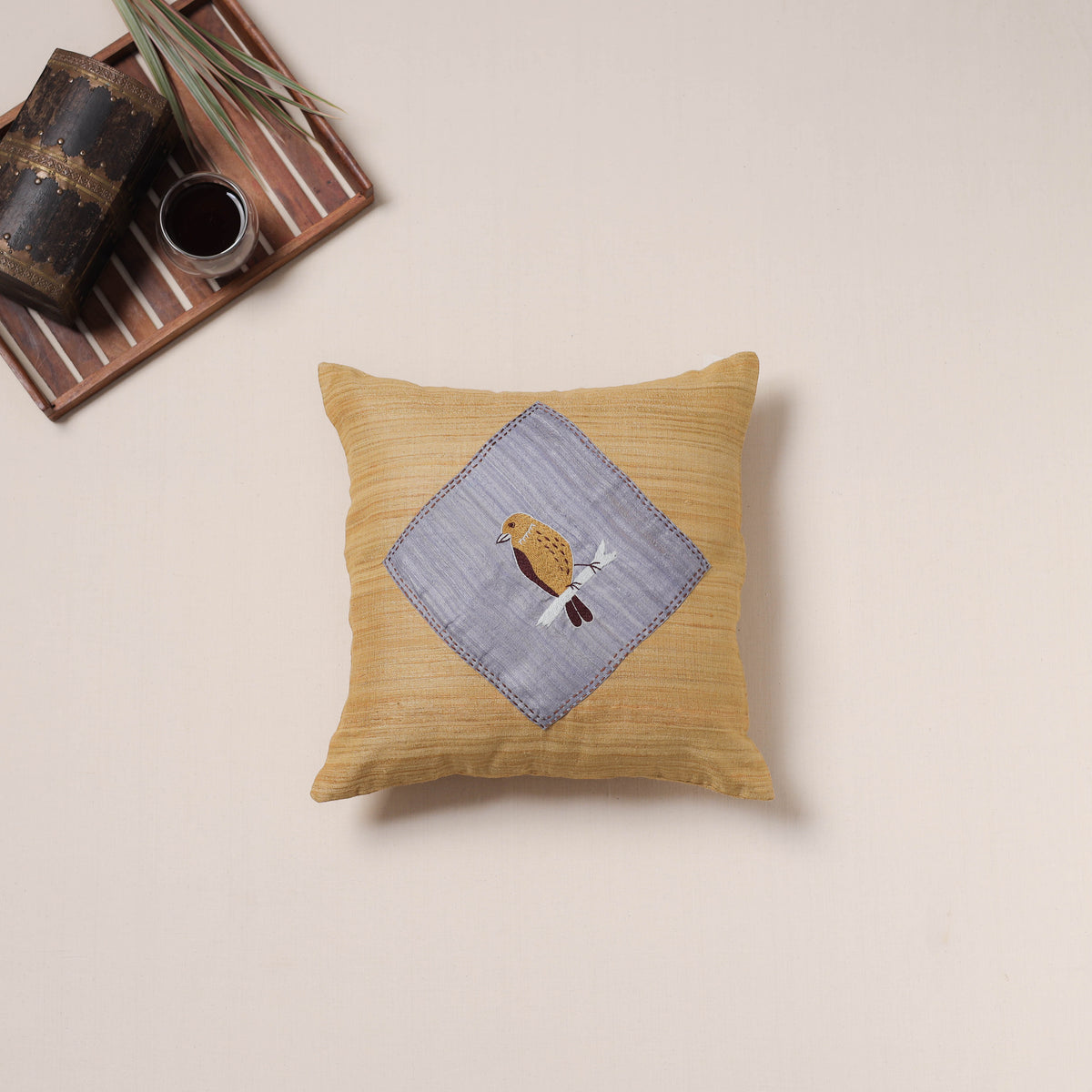 Bird Hand Embroidered Handloom Cushion Cover (16 x 16 in) 06