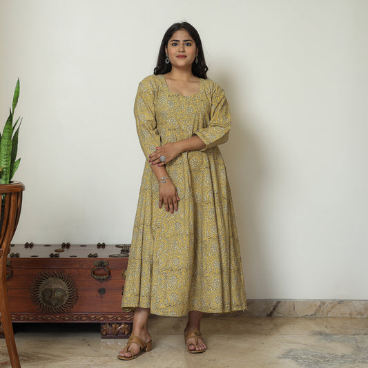 Yellow - Pedana Kalamkari Block Printed Cotton Tiered Dress 02