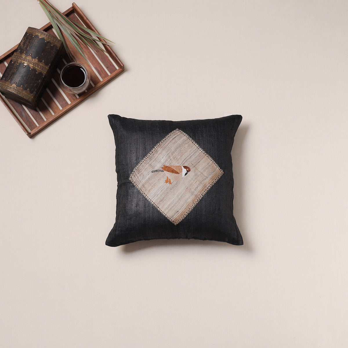 Bird Hand Embroidered Handloom Cushion Cover (16 x 16 in) 07