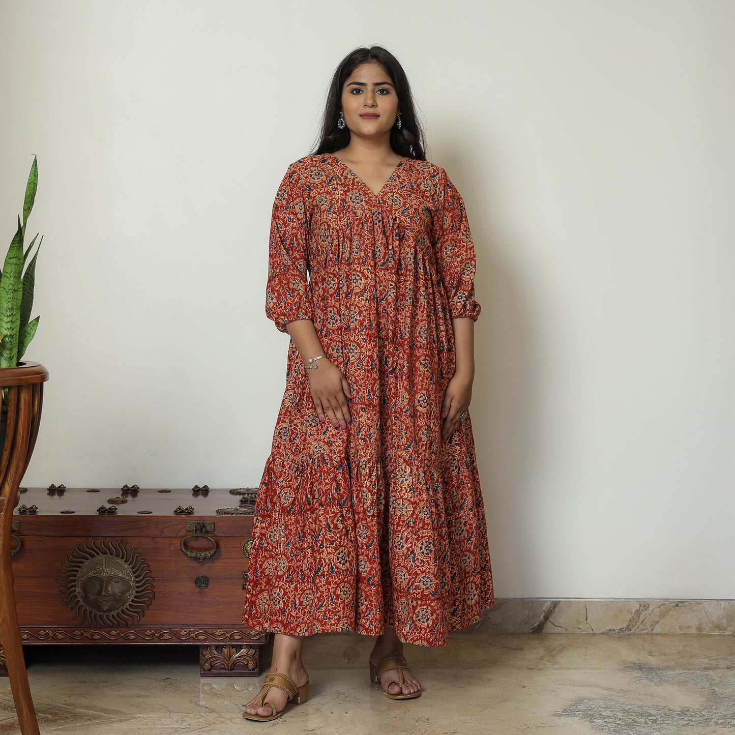 Red - Pedana Kalamkari Block Printed Cotton Flared Gher Dress 06