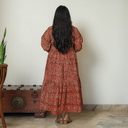 Red - Pedana Kalamkari Block Printed Cotton Flared Gher Dress 06