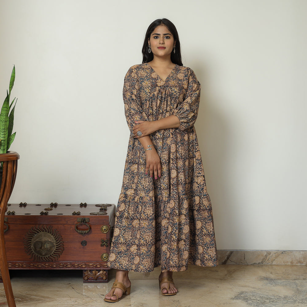 Black - Pedana Kalamkari Block Printed Cotton Flared Gher Dress 07