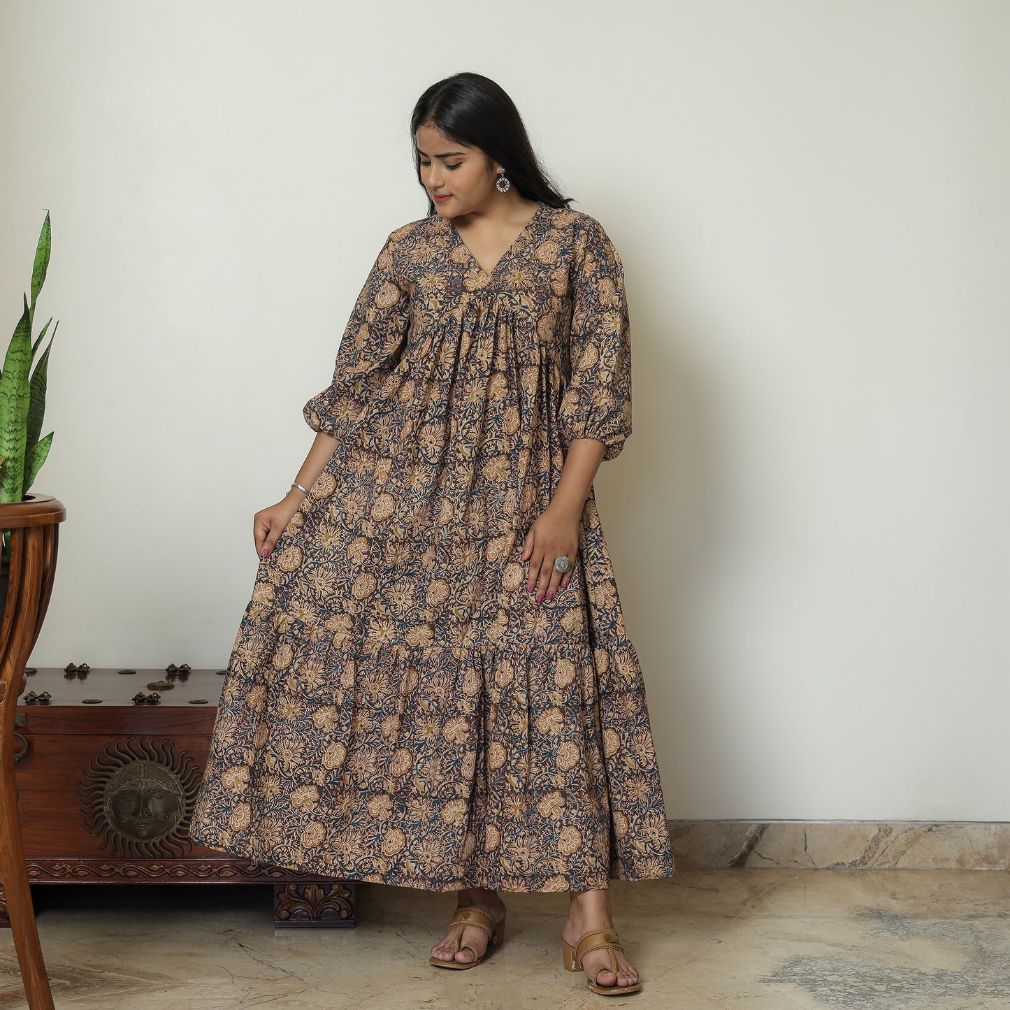 Black - Pedana Kalamkari Block Printed Cotton Flared Gher Dress 07