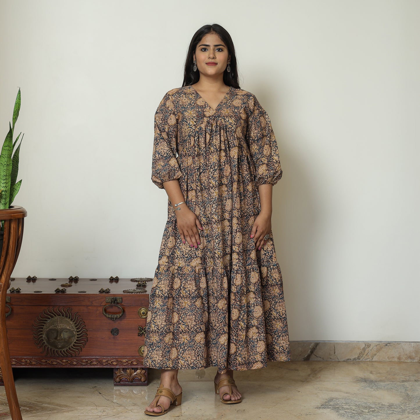 Black - Pedana Kalamkari Block Printed Cotton Flared Gher Dress 07