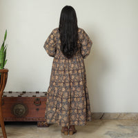 Black - Pedana Kalamkari Block Printed Cotton Flared Gher Dress 07