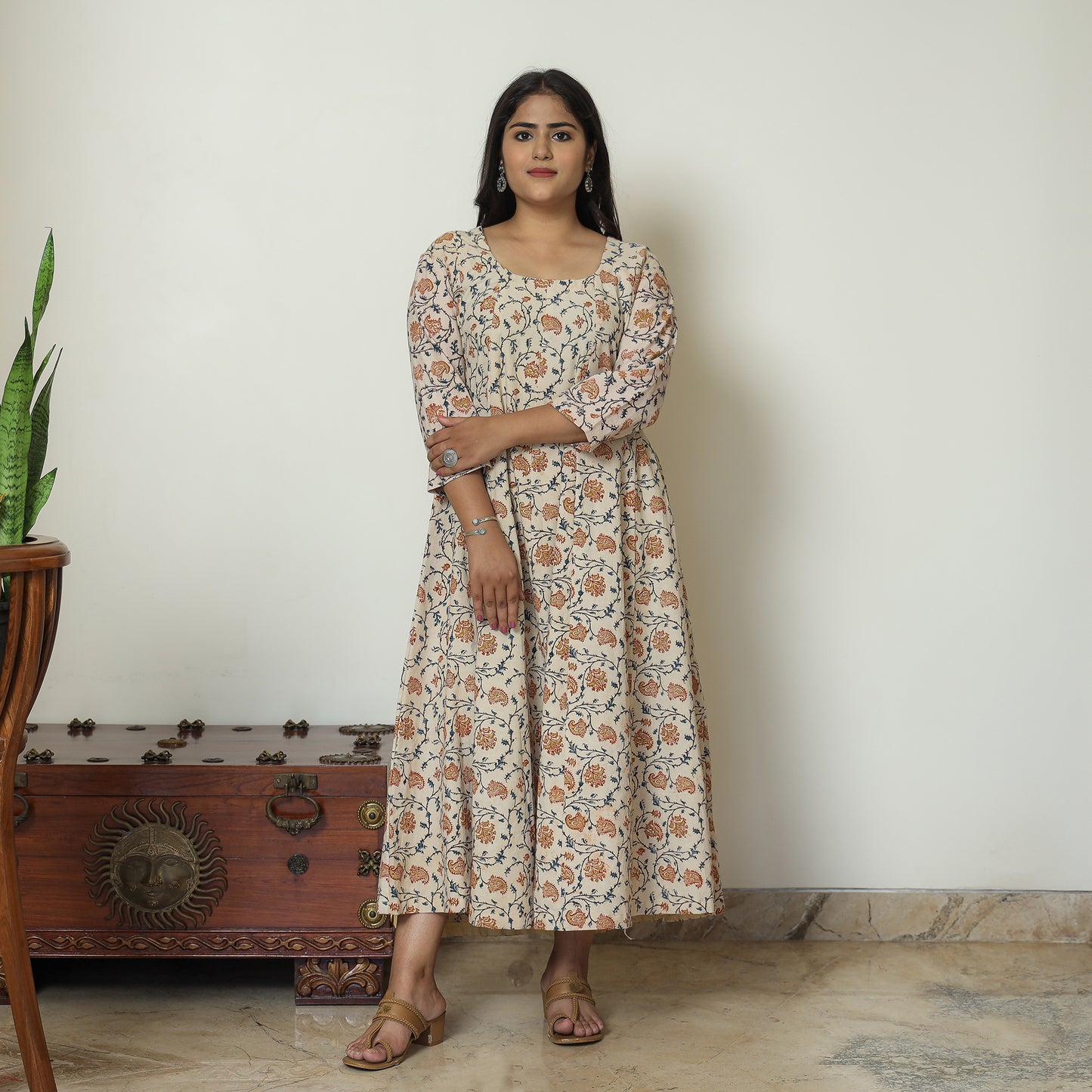Beige - Pedana Kalamkari Block Printed Cotton Tiered Dress 01