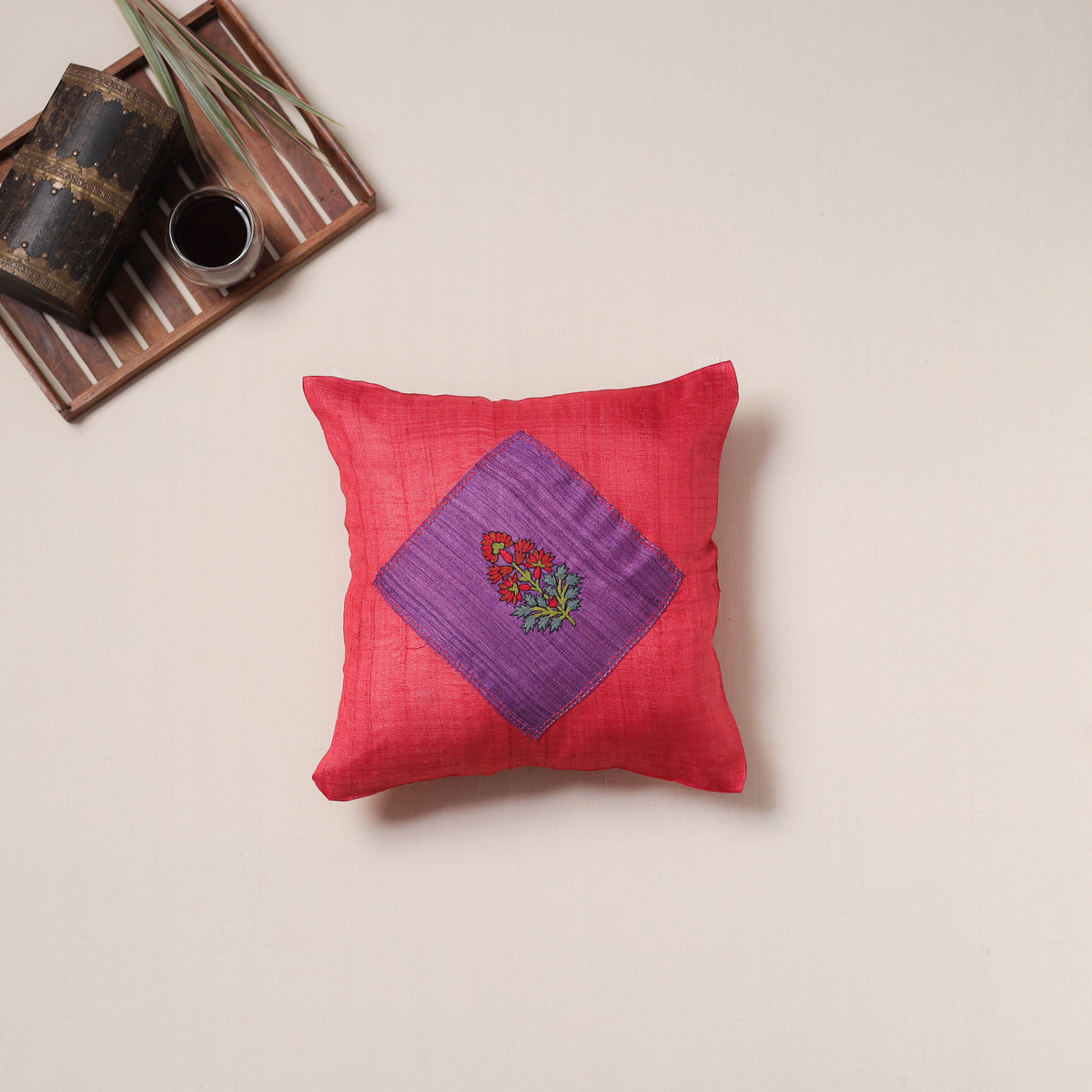 Floral Hand Embroidered Handloom Cushion Cover (16 x 16 in) 12