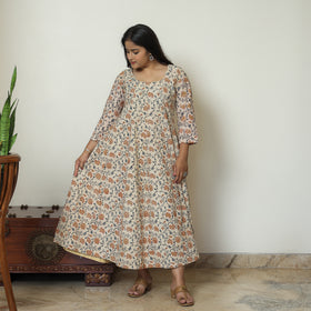 Beige - Pedana Kalamkari Block Printed Cotton Tiered Dress 01