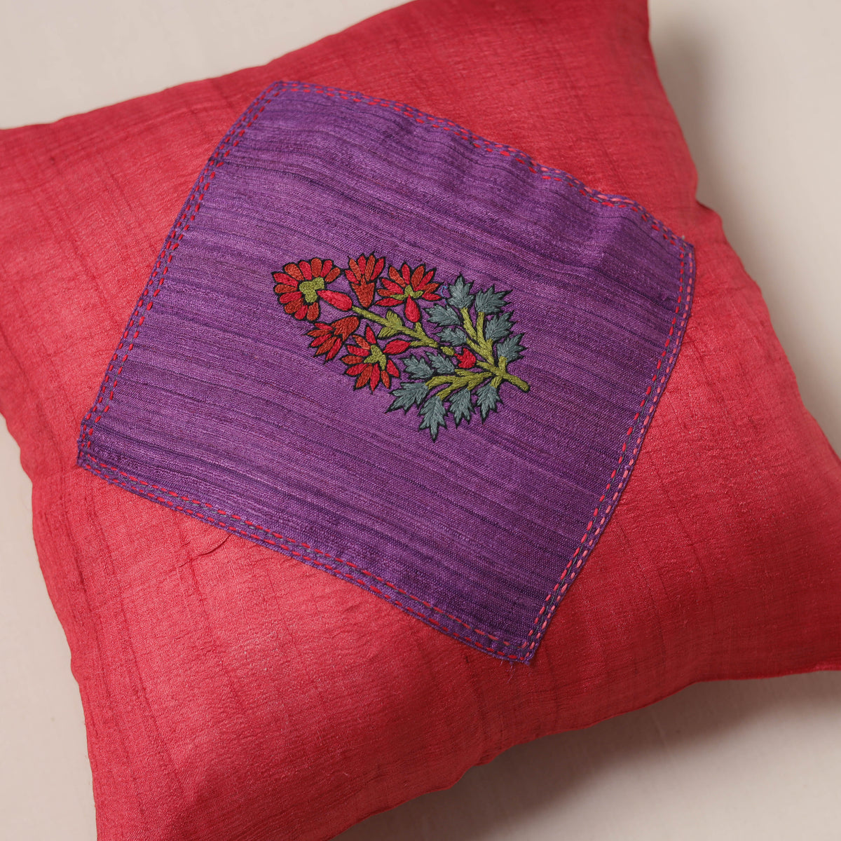 Floral Hand Embroidered Handloom Cushion Cover (16 x 16 in) 12