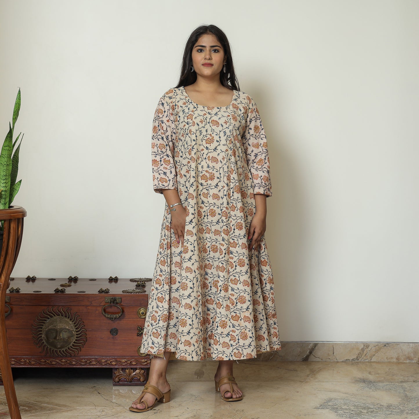 Beige - Pedana Kalamkari Block Printed Cotton Tiered Dress 01