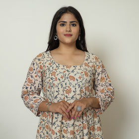 Beige - Pedana Kalamkari Block Printed Cotton Tiered Dress 01
