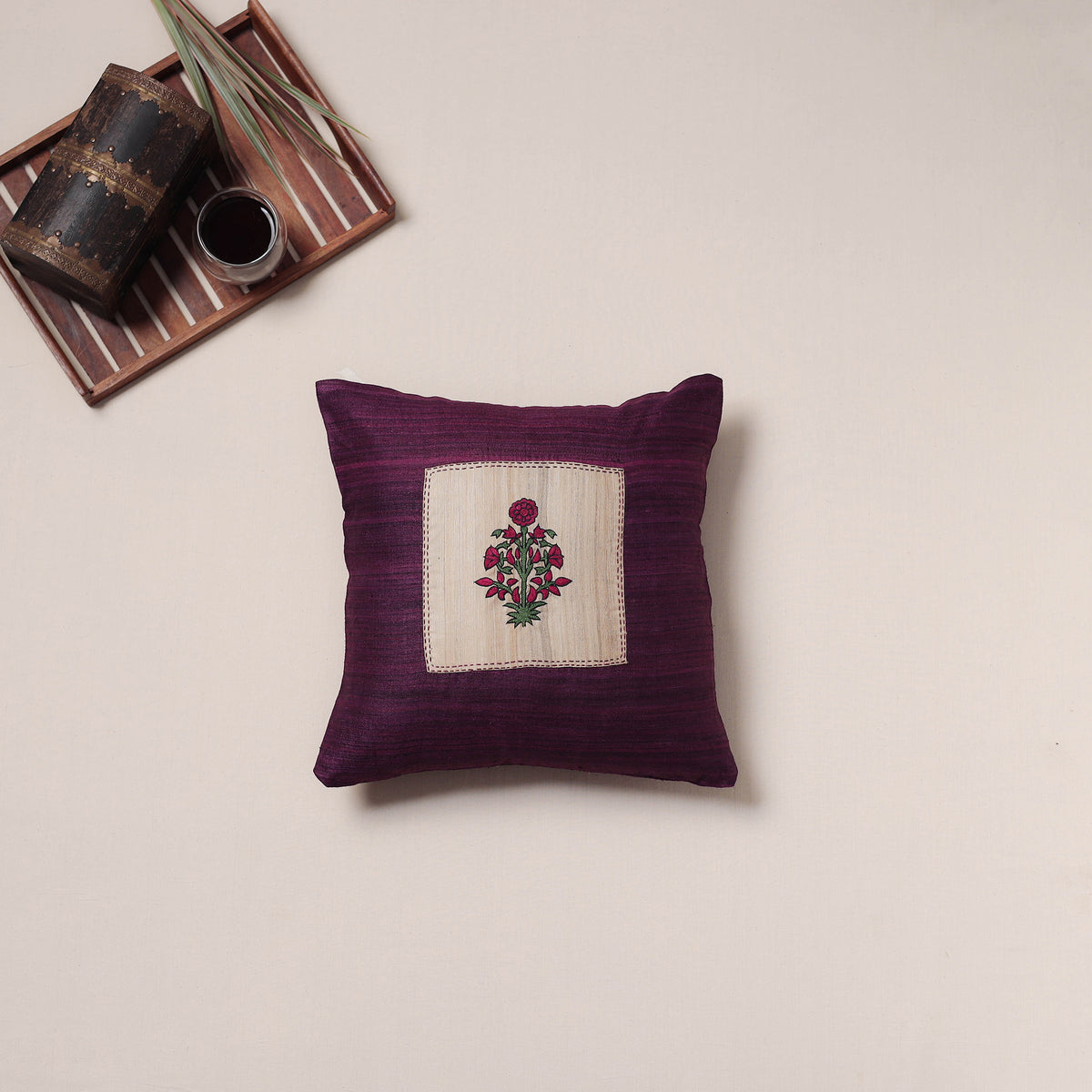 Floral Hand Embroidered Handloom Cushion Cover (16 x 16 in) 13