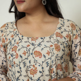 Beige - Pedana Kalamkari Block Printed Cotton Tiered Dress 01