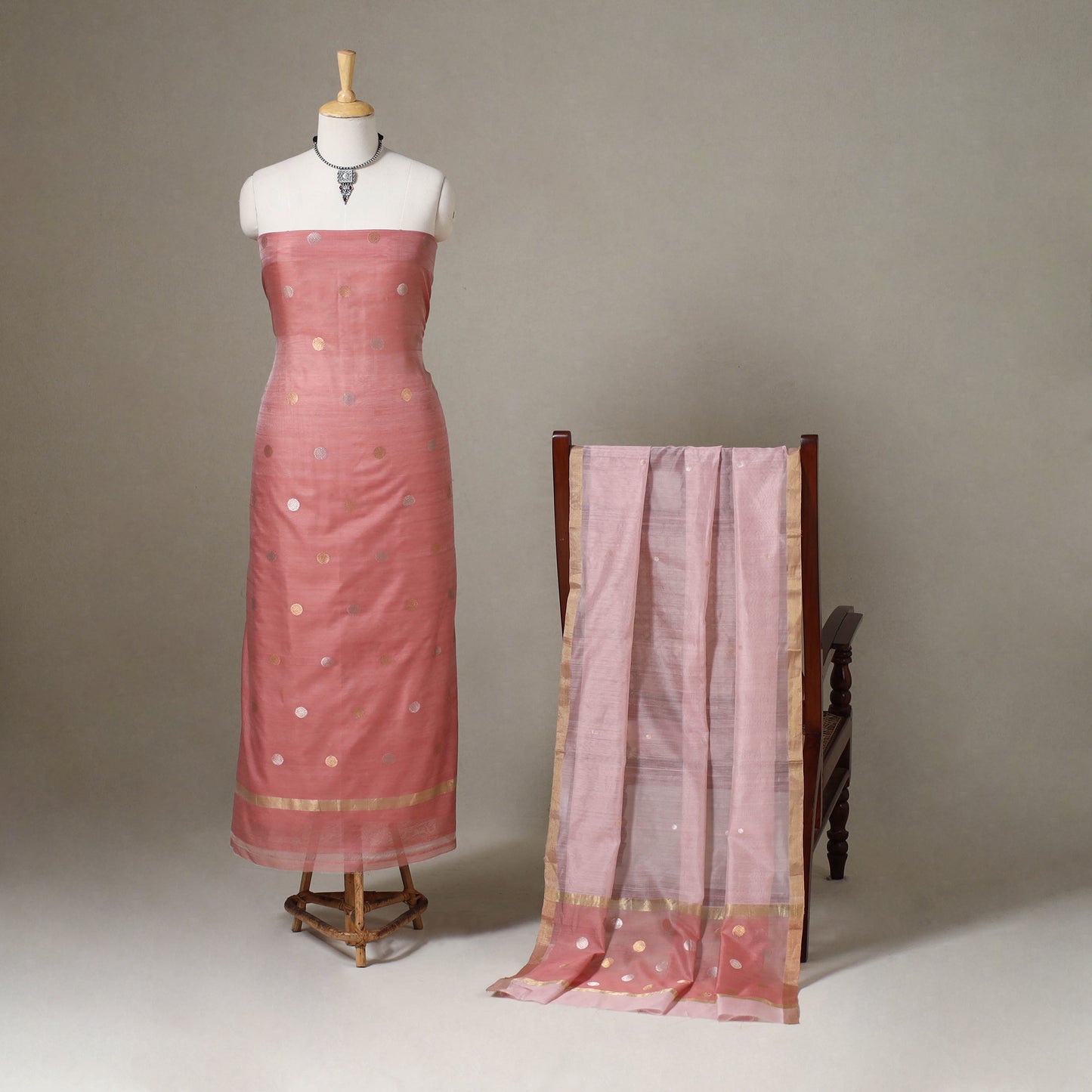  2pc Peach Handloom Zari Buta Chanderi Silk Dress Material