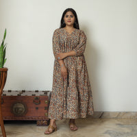 Brown - Pedana Kalamkari Block Printed Cotton Flared Gher Dress 10