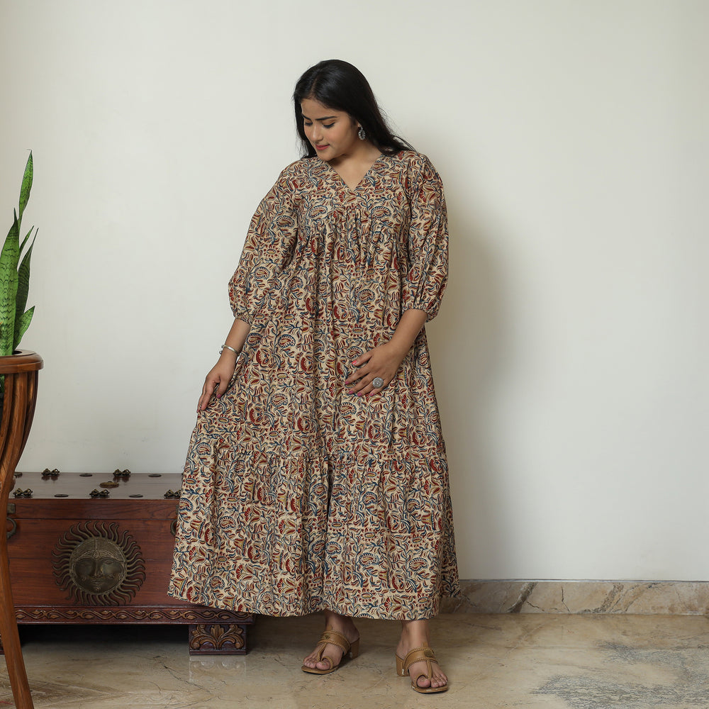 Brown - Pedana Kalamkari Block Printed Cotton Flared Gher Dress 10