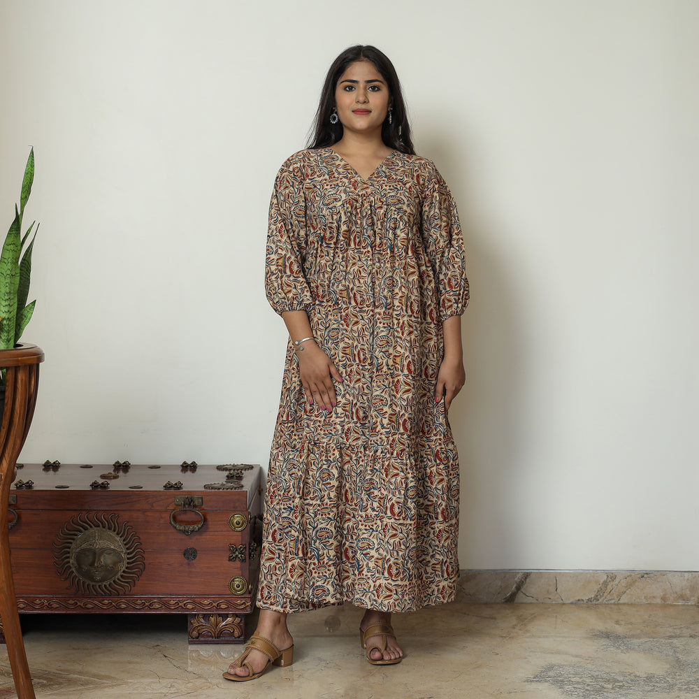 Brown - Pedana Kalamkari Block Printed Cotton Flared Gher Dress 10