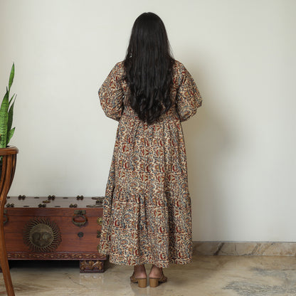 Brown - Pedana Kalamkari Block Printed Cotton Flared Gher Dress 10
