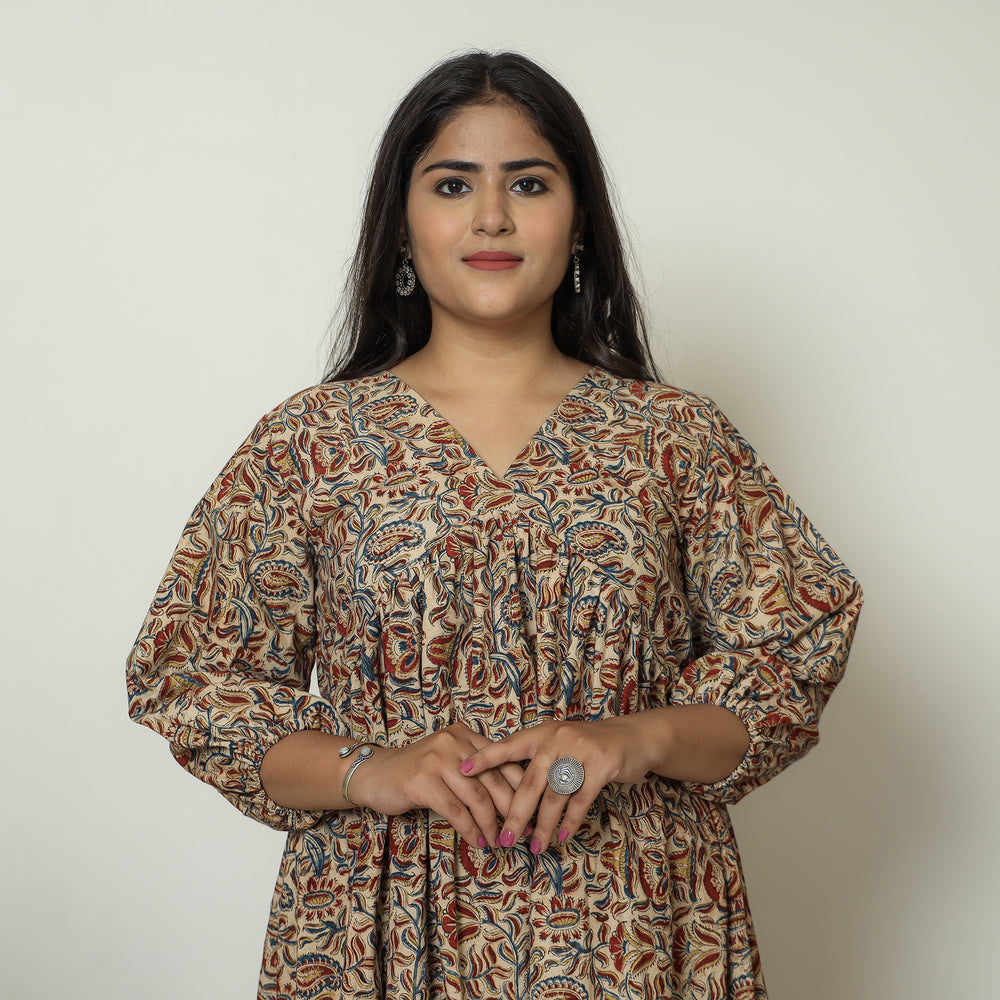 Brown - Pedana Kalamkari Block Printed Cotton Flared Gher Dress 10