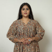 Brown - Pedana Kalamkari Block Printed Cotton Flared Gher Dress 10