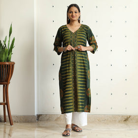 Limited Stock! Dark Green - Ajrakh Block Printed Cotton Straight Kurta