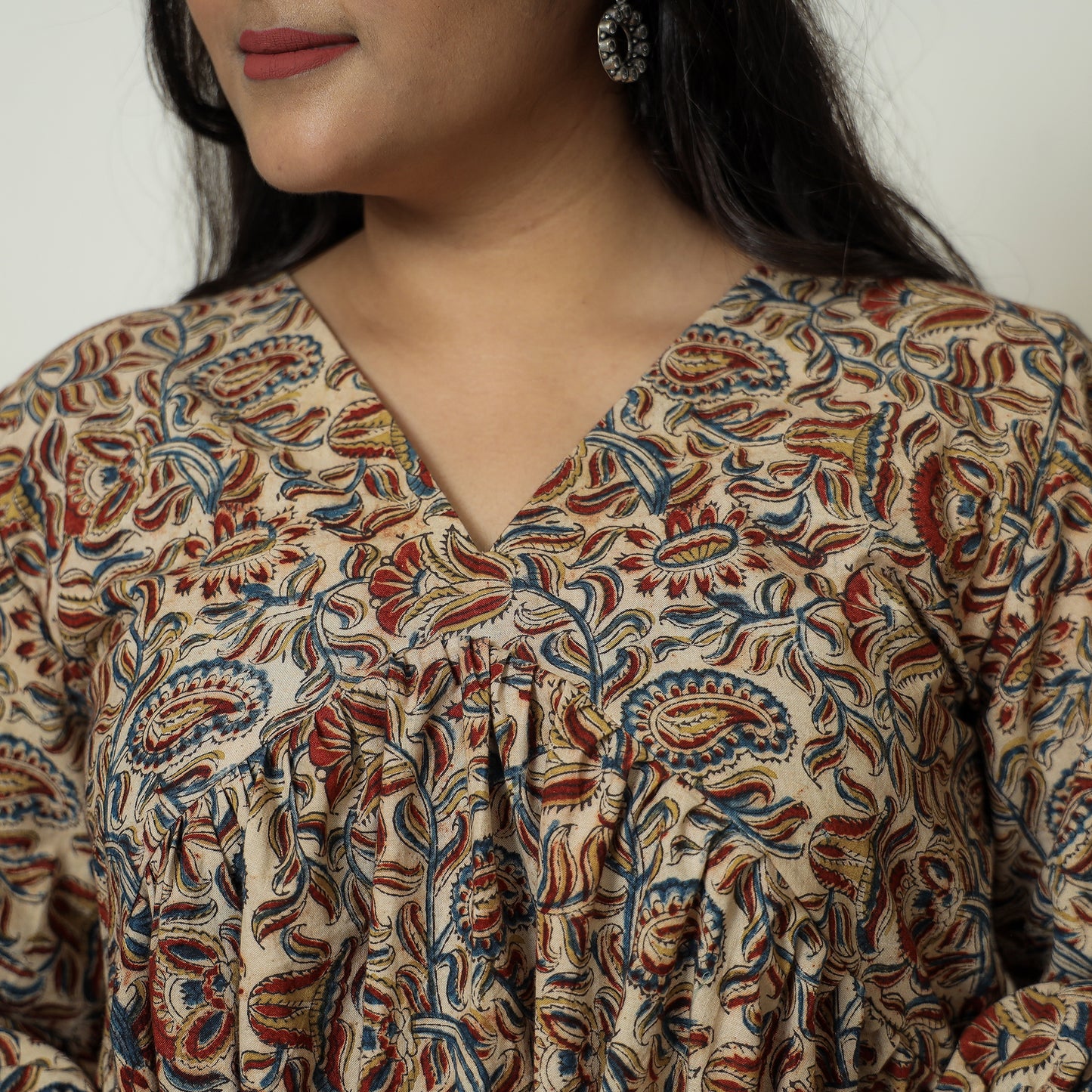 Brown - Pedana Kalamkari Block Printed Cotton Flared Gher Dress 10
