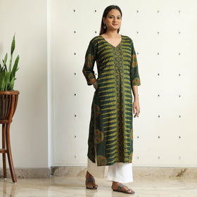 Limited Stock! Dark Green - Ajrakh Block Printed Cotton Straight Kurta