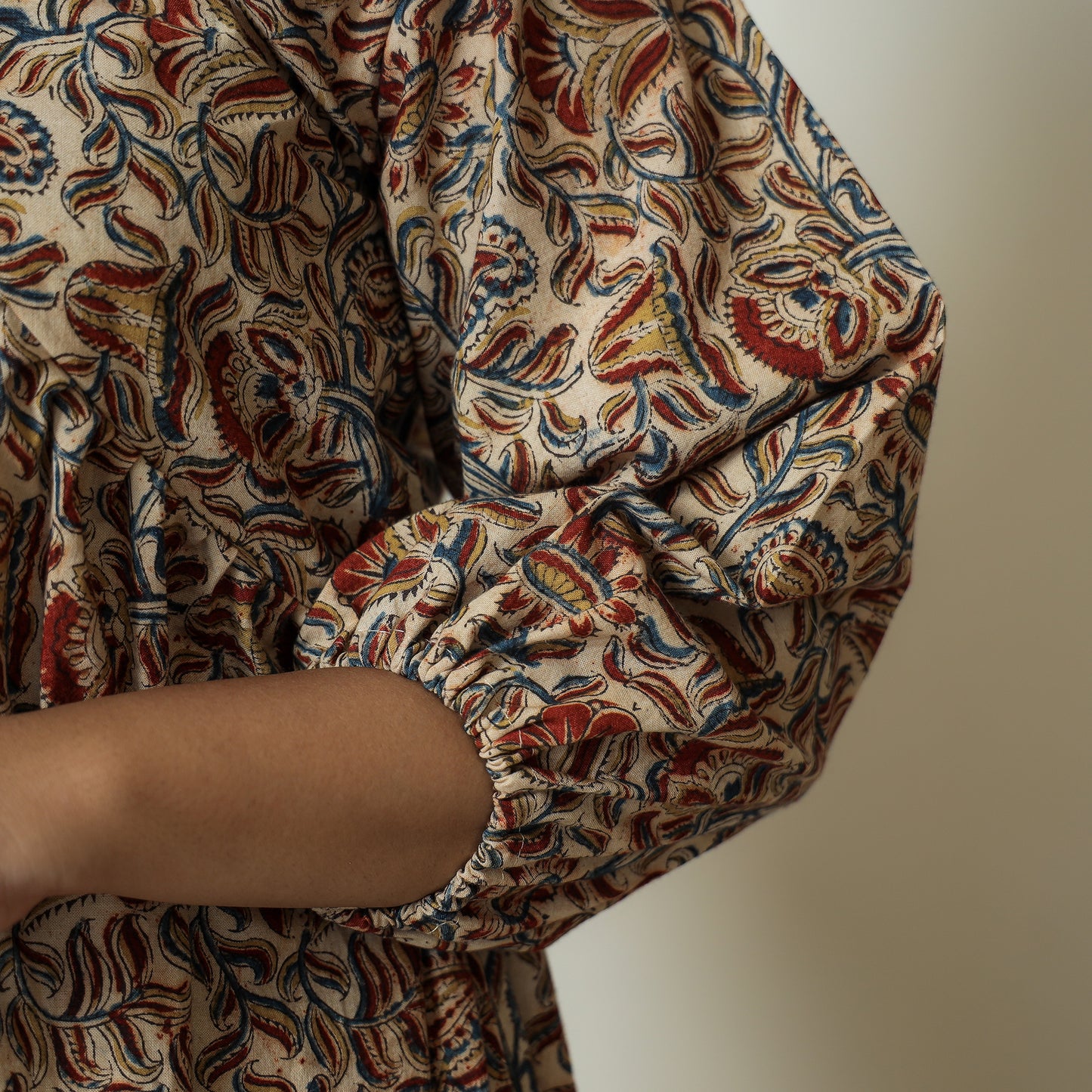 Brown - Pedana Kalamkari Block Printed Cotton Flared Gher Dress 10