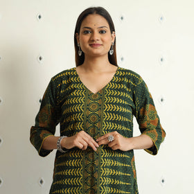 Limited Stock! Dark Green - Ajrakh Block Printed Cotton Straight Kurta