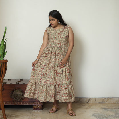 Beige - Pedana Kalamkari Block Printed Cotton Tiered Dress 15
