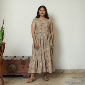 Beige - Pedana Kalamkari Block Printed Cotton Tiered Dress 15