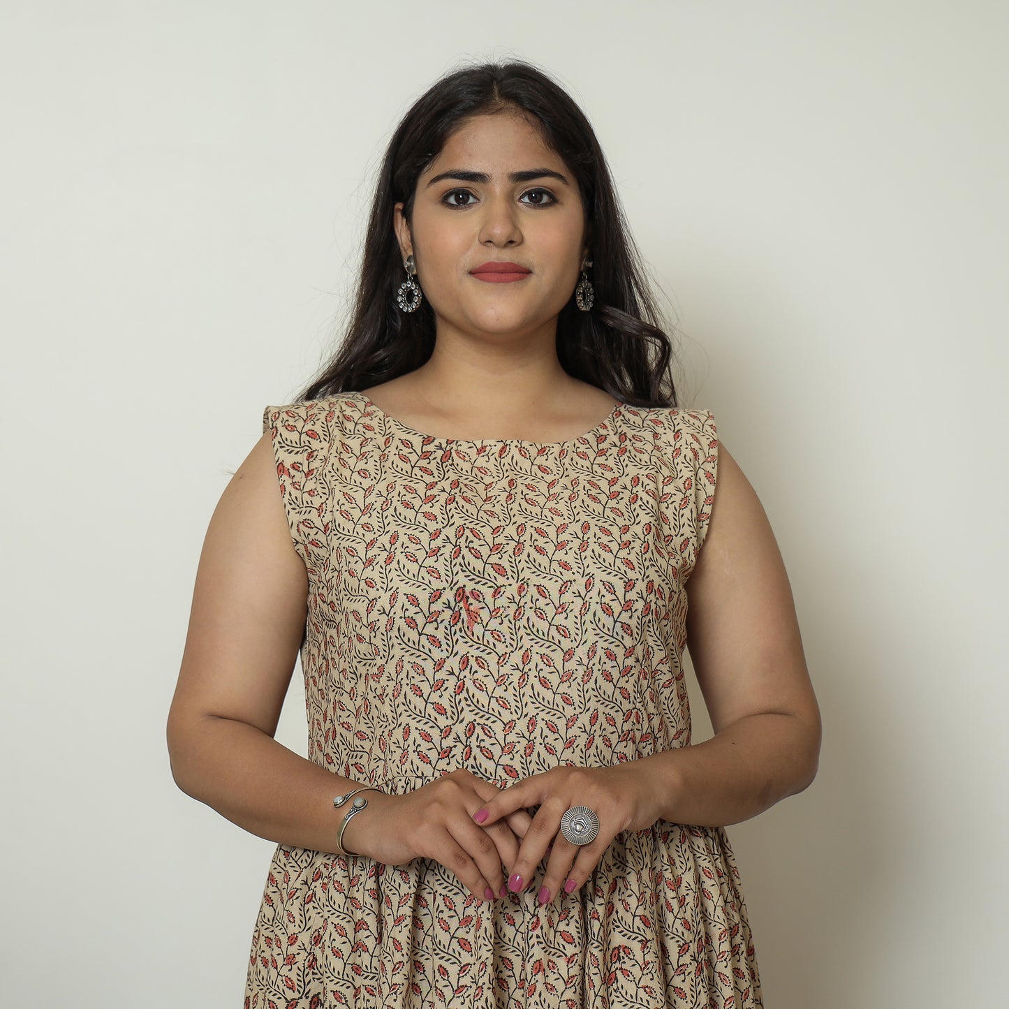 Beige - Pedana Kalamkari Block Printed Cotton Tiered Dress 15