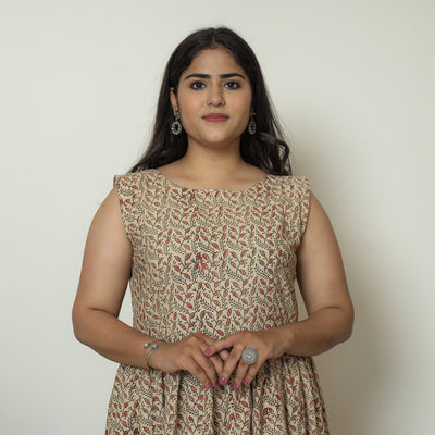 Beige - Pedana Kalamkari Block Printed Cotton Tiered Dress 15
