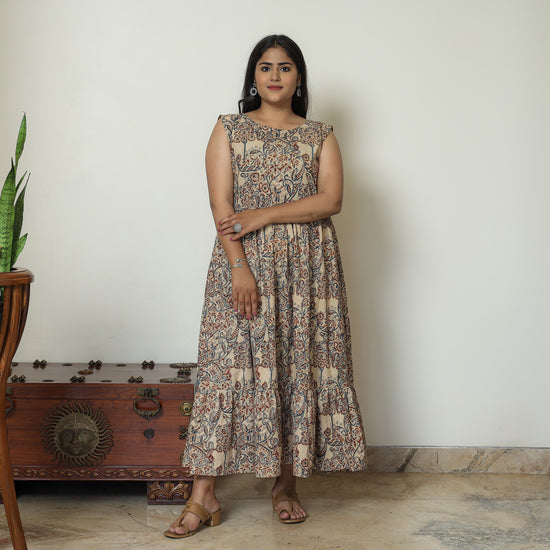 Beige - Pedana Kalamkari Block Printed Cotton Tiered Dress 11