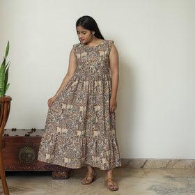 Beige - Pedana Kalamkari Block Printed Cotton Tiered Dress 11