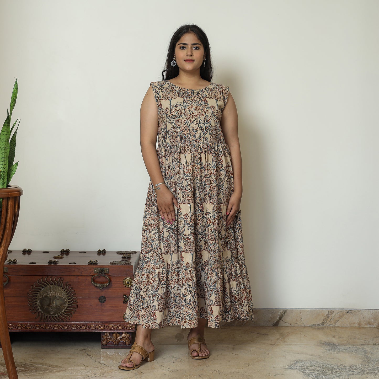 Beige - Pedana Kalamkari Block Printed Cotton Tiered Dress 11