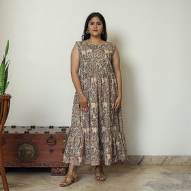 Beige - Pedana Kalamkari Block Printed Cotton Tiered Dress 11