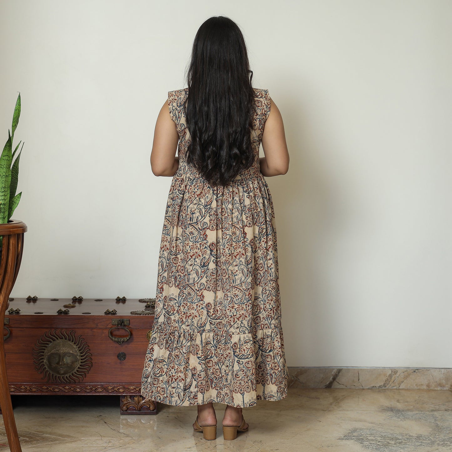 Beige - Pedana Kalamkari Block Printed Cotton Tiered Dress 11