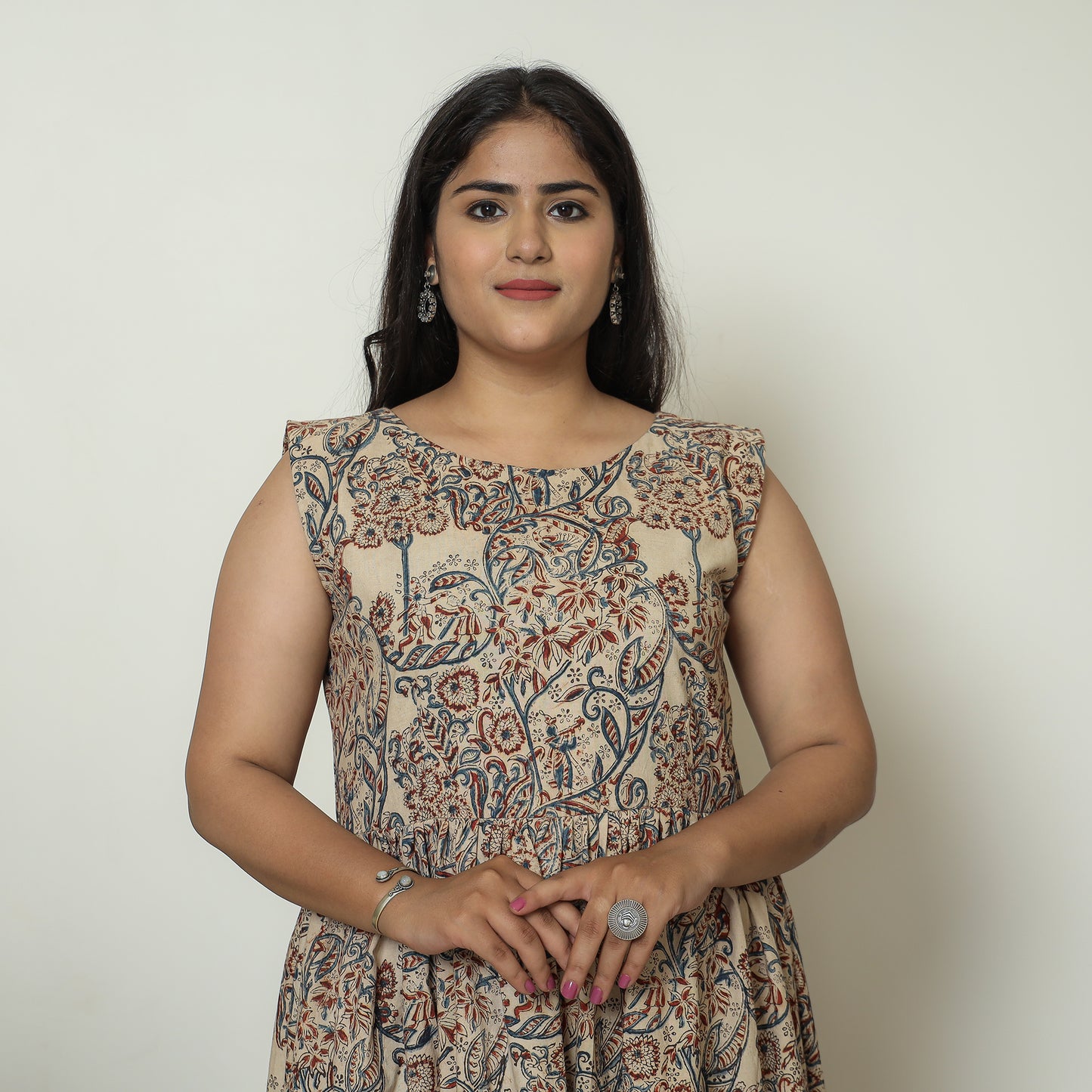 Beige - Pedana Kalamkari Block Printed Cotton Tiered Dress 11