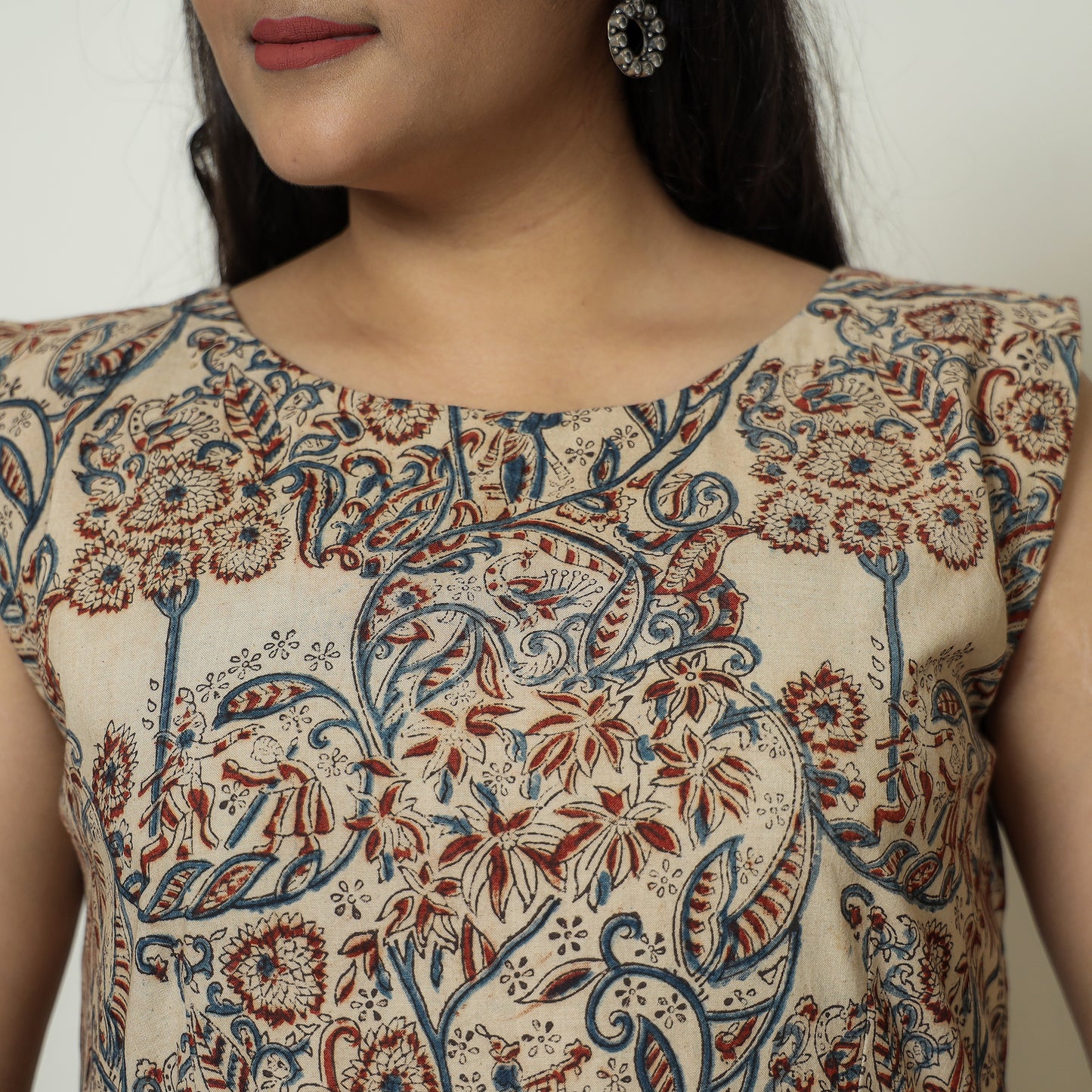 Beige - Pedana Kalamkari Block Printed Cotton Tiered Dress 11