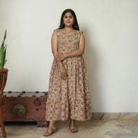 Beige - Pedana Kalamkari Block Printed Cotton Tiered Dress 12