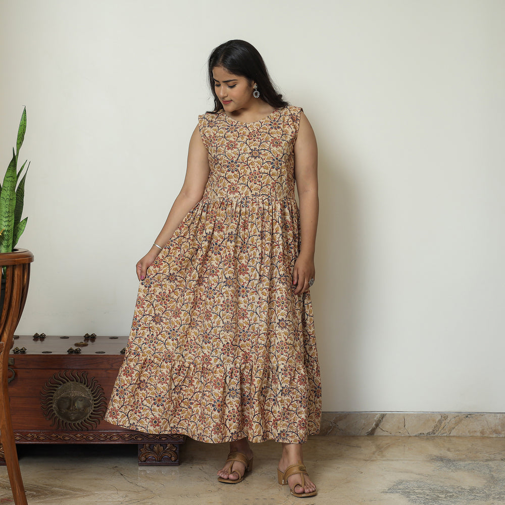 Beige - Pedana Kalamkari Block Printed Cotton Tiered Dress 12