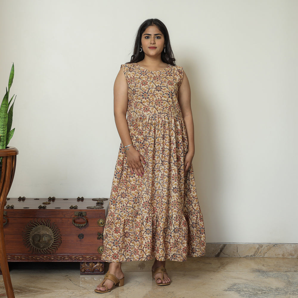 Beige - Pedana Kalamkari Block Printed Cotton Tiered Dress 12