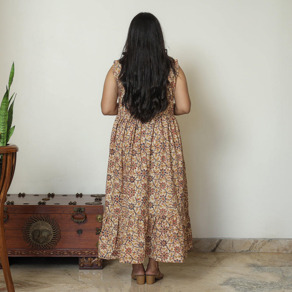 Beige - Pedana Kalamkari Block Printed Cotton Tiered Dress 12