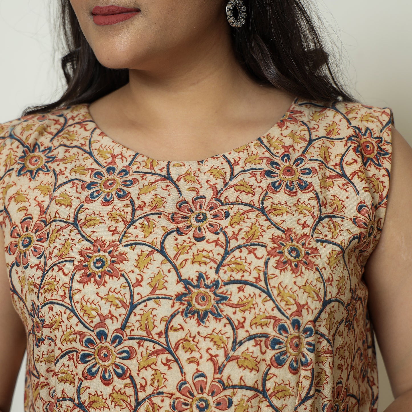 Beige - Pedana Kalamkari Block Printed Cotton Tiered Dress 12