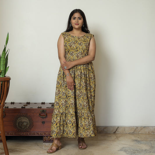Yellow - Pedana Kalamkari Block Printed Cotton Tiered Dress 14