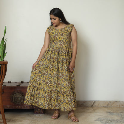 Yellow - Pedana Kalamkari Block Printed Cotton Tiered Dress 14