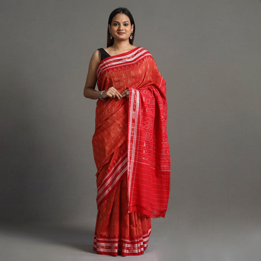 Red - Sambalpuri Ikat Weave Handloom Cotton Saree