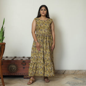 Yellow - Pedana Kalamkari Block Printed Cotton Tiered Dress 14