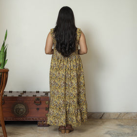 Yellow - Pedana Kalamkari Block Printed Cotton Tiered Dress 14